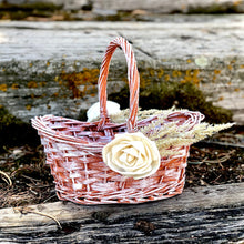 Load image into Gallery viewer, Terracotta burnt orange flower girl basket - Boho flower girl basket with sola wood flowers and pampas grass