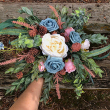 Load image into Gallery viewer, Dusty blue and green bridal bouquet - Greenery wedding bouquet with dusty blue peonies and blush pinecones