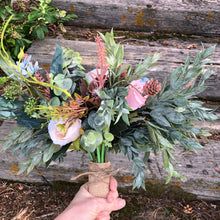Load image into Gallery viewer, Dusty blue and green bridal bouquet - Greenery wedding bouquet with dusty blue peonies and blush pinecones