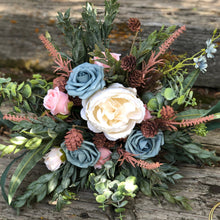 Load image into Gallery viewer, Dusty blue and green bridal bouquet - Greenery wedding bouquet with dusty blue peonies and blush pinecones