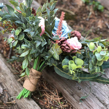 Load image into Gallery viewer, Dusty blue and green bridal bouquet - Greenery wedding bouquet with dusty blue peonies and blush pinecones