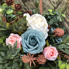 Load image into Gallery viewer, Dusty blue and green bridal bouquet - Greenery wedding bouquet with dusty blue peonies and blush pinecones