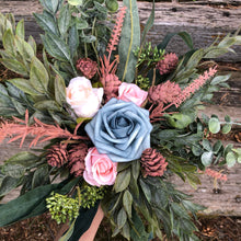 Load image into Gallery viewer, Dusty blue and green bridal bouquet - Greenery wedding bouquet with dusty blue peonies and blush pinecones