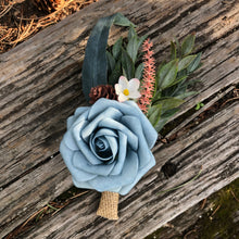 Load image into Gallery viewer, Dusty blue and green bridal bouquet - Greenery wedding bouquet with dusty blue peonies and blush pinecones