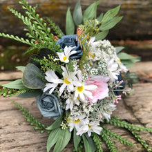 Load image into Gallery viewer, Dusty blue with blush and fern bridal bouquet