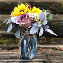Load image into Gallery viewer, Navy mason jar wedding centerpieces with sunflowers