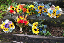 Load image into Gallery viewer, Navy mason jar wedding centerpieces with sunflowers