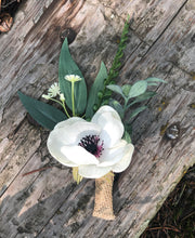 Load image into Gallery viewer, White anemone, ranunculus and mixed greenery wedding bouquet - Anemone bridesmaids bouquets- Anemone boutonniere