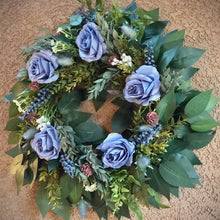 Load image into Gallery viewer, Artificial fall ficus blueberry wreath with dusty blue roses, ruscus and dusty pink pinecones