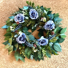 Load image into Gallery viewer, Artificial fall ficus blueberry wreath with dusty blue roses, ruscus and dusty pink pinecones