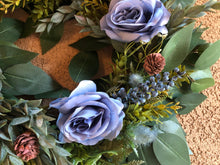 Load image into Gallery viewer, Artificial fall ficus blueberry wreath with dusty blue roses, ruscus and dusty pink pinecones