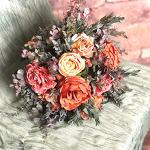 Load image into Gallery viewer, Terra cotta fall bridal bouquet, Terracotta and yellow wedding bouquet, Ruscus greenery and orange bouquet