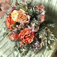 Load image into Gallery viewer, Terra cotta fall bridal bouquet, Terracotta and yellow wedding bouquet, Ruscus greenery and orange bouquet
