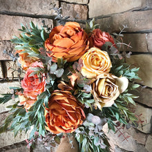 Load image into Gallery viewer, Terra cotta fall bridal bouquet, Terracotta and yellow wedding bouquet, Ruscus greenery and orange bouquet