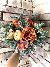 Load image into Gallery viewer, Terra cotta fall bridal bouquet, Terracotta and yellow wedding bouquet, Ruscus greenery and orange bouquet