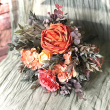 Load image into Gallery viewer, Terra cotta fall bridal bouquet, Terracotta and yellow wedding bouquet, Ruscus greenery and orange bouquet