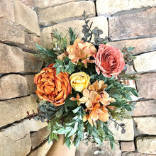 Load image into Gallery viewer, Terra cotta fall bridal bouquet, Terracotta and yellow wedding bouquet, Ruscus greenery and orange bouquet