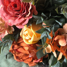Load image into Gallery viewer, Terra cotta fall bridal bouquet, Terracotta and yellow wedding bouquet, Ruscus greenery and orange bouquet