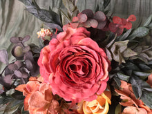Load image into Gallery viewer, Terra cotta fall bridal bouquet, Terracotta and yellow wedding bouquet, Ruscus greenery and orange bouquet