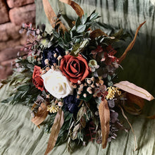 Load image into Gallery viewer, Navy terracotta fall wedding bouquet with babies breath and eucalyptus