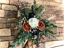 Load image into Gallery viewer, Navy terracotta fall wedding bouquet with babies breath and eucalyptus