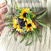 Load image into Gallery viewer, Fern navy and sunflower bridal bouquet - Fall wedding bridesmaid bouquets sunflowers navy peonies