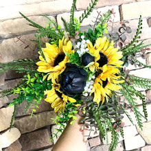Load image into Gallery viewer, Fern navy and sunflower bridal bouquet - Fall wedding bridesmaid bouquets sunflowers navy peonies