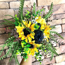 Load image into Gallery viewer, Fern navy and sunflower bridal bouquet - Fall wedding bridesmaid bouquets sunflowers navy peonies