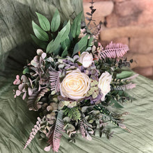 Load image into Gallery viewer, Purple eucalyptus and hydrangea boho traditional white bridal wedding bouquet