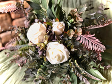 Load image into Gallery viewer, Purple eucalyptus and hydrangea boho traditional white bridal wedding bouquet