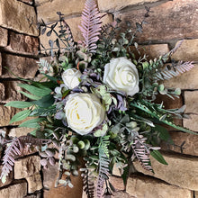 Load image into Gallery viewer, Purple eucalyptus and hydrangea boho traditional white bridal wedding bouquet