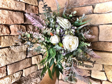 Load image into Gallery viewer, Purple eucalyptus and hydrangea boho traditional white bridal wedding bouquet