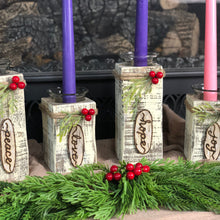 Load image into Gallery viewer, Advent wreath for Christmas 4 piece set with purple and pink taper candles