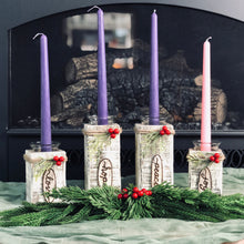 Load image into Gallery viewer, Advent wreath for Christmas 4 piece set with purple and pink taper candles
