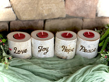 Load image into Gallery viewer, Birch bark advent wreath candleholders with candles - Joy Hope Peace Love advent wreath engraved wood
