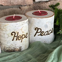 Load image into Gallery viewer, Birch bark advent wreath candleholders with candles - Joy Hope Peace Love advent wreath engraved wood