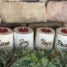 Load image into Gallery viewer, Birch bark advent wreath candleholders with candles - Joy Hope Peace Love advent wreath engraved wood