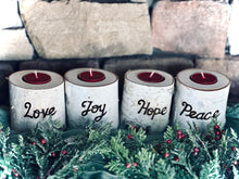 Load image into Gallery viewer, Birch bark advent wreath candleholders with candles - Joy Hope Peace Love advent wreath engraved wood