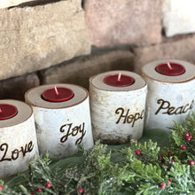 Load image into Gallery viewer, Birch bark advent wreath candleholders with candles - Joy Hope Peace Love advent wreath engraved wood