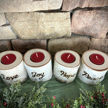 Load image into Gallery viewer, Birch bark advent wreath candleholders with candles - Joy Hope Peace Love advent wreath engraved wood