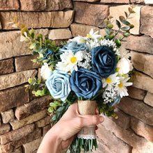 Load image into Gallery viewer, Simple dusty blue cascading bridal bouquet- White dusty slate blue and navy wedding bouquet - Quick to ship bridal bouquet blue