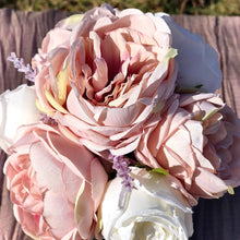 Load image into Gallery viewer, Dusty blue wedding | Blush wedding decor | Half gallon mason jar | Rustic bridal shower center pieces | Rose floral arrangement in vase