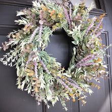 Load image into Gallery viewer, Artificial faux Eucalyptus wreath | Spring wreath for front door for outdoors | Lavender wreaths