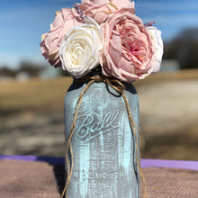 Load image into Gallery viewer, Dusty blue wedding | Blush wedding decor | Half gallon mason jar | Rustic bridal shower center pieces | Rose floral arrangement in vase