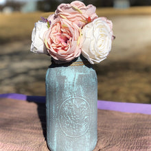 Load image into Gallery viewer, Dusty blue wedding | Blush wedding decor | Half gallon mason jar | Rustic bridal shower center pieces | Rose floral arrangement in vase