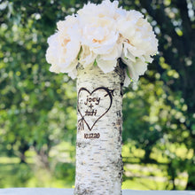 Load image into Gallery viewer, 12, 14 or 15 inch white birch bark personalized vase - Tall rustic wedding centerpiece- Unique engagement vase- Wood burned engraved heart and initials