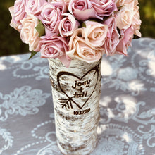Load image into Gallery viewer, 12, 14 or 15 inch white birch bark personalized vase - Tall rustic wedding centerpiece- Unique engagement vase- Wood burned engraved heart and initials