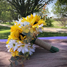Load image into Gallery viewer, Sunflower, daisy, babies breath and fall eucalyptus bridal bouquet