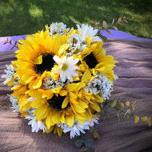 Load image into Gallery viewer, Sunflower, daisy, babies breath and fall eucalyptus bridal bouquet