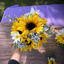 Load image into Gallery viewer, Sunflower, daisy, babies breath and fall eucalyptus bridal bouquet